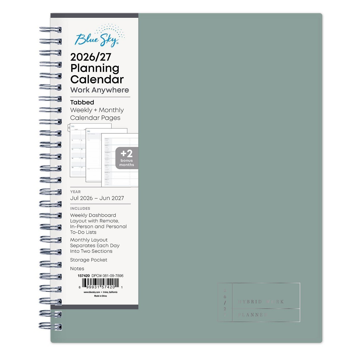 Blue Sky 7″x9″ 2026-2027 Hybrid Work Planner Solid Clary Sage Safety Wirebound