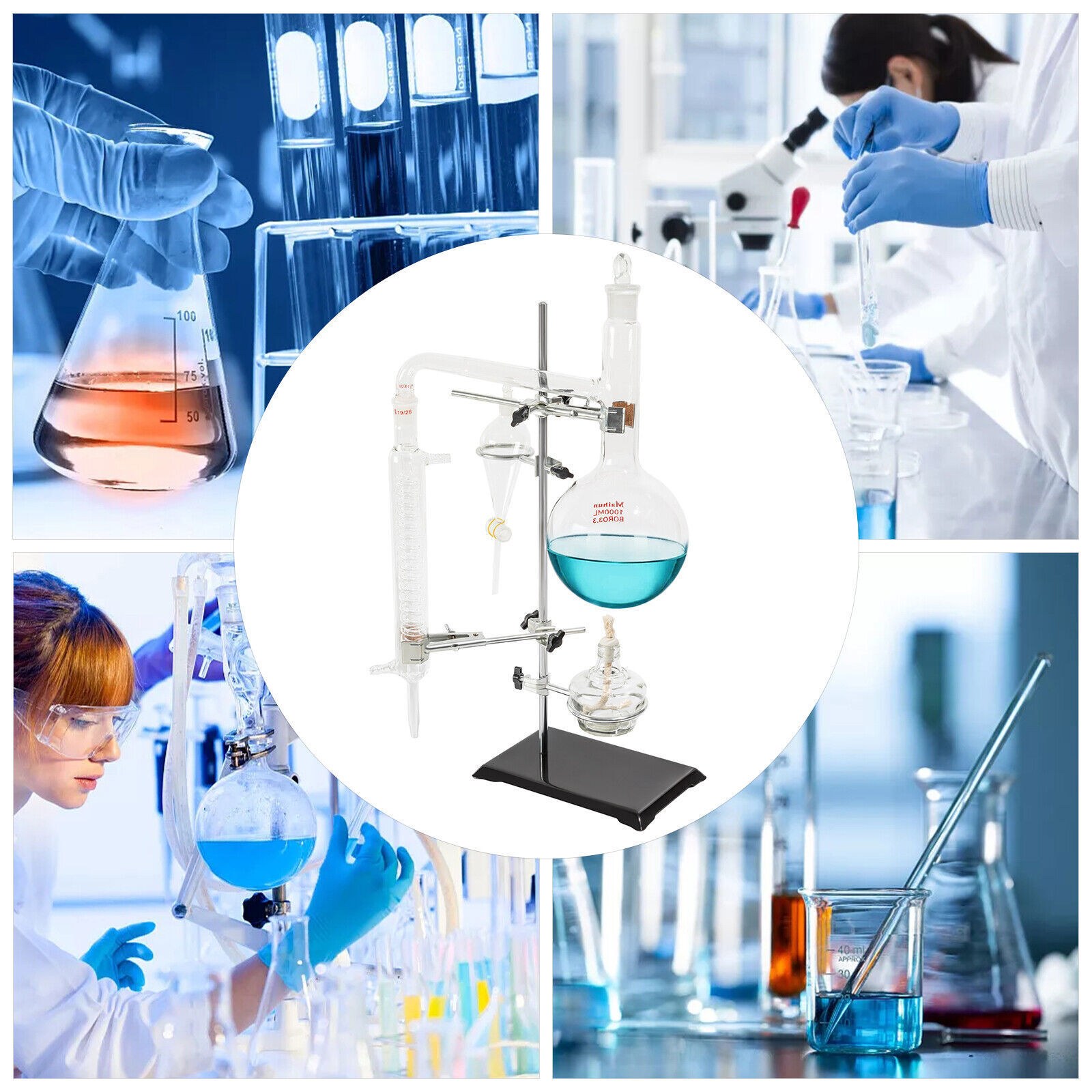 1000ml Distillation Apparatus Kit Chemistry Lab Essential Oil Distilling Glass