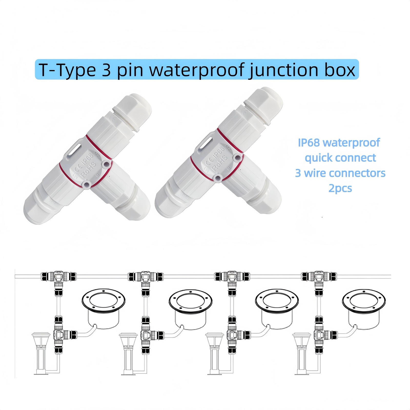 T-Type Waterproof Cable Connectors 3 Way IP68 Rated 450V 24A – for Outdoor LED
