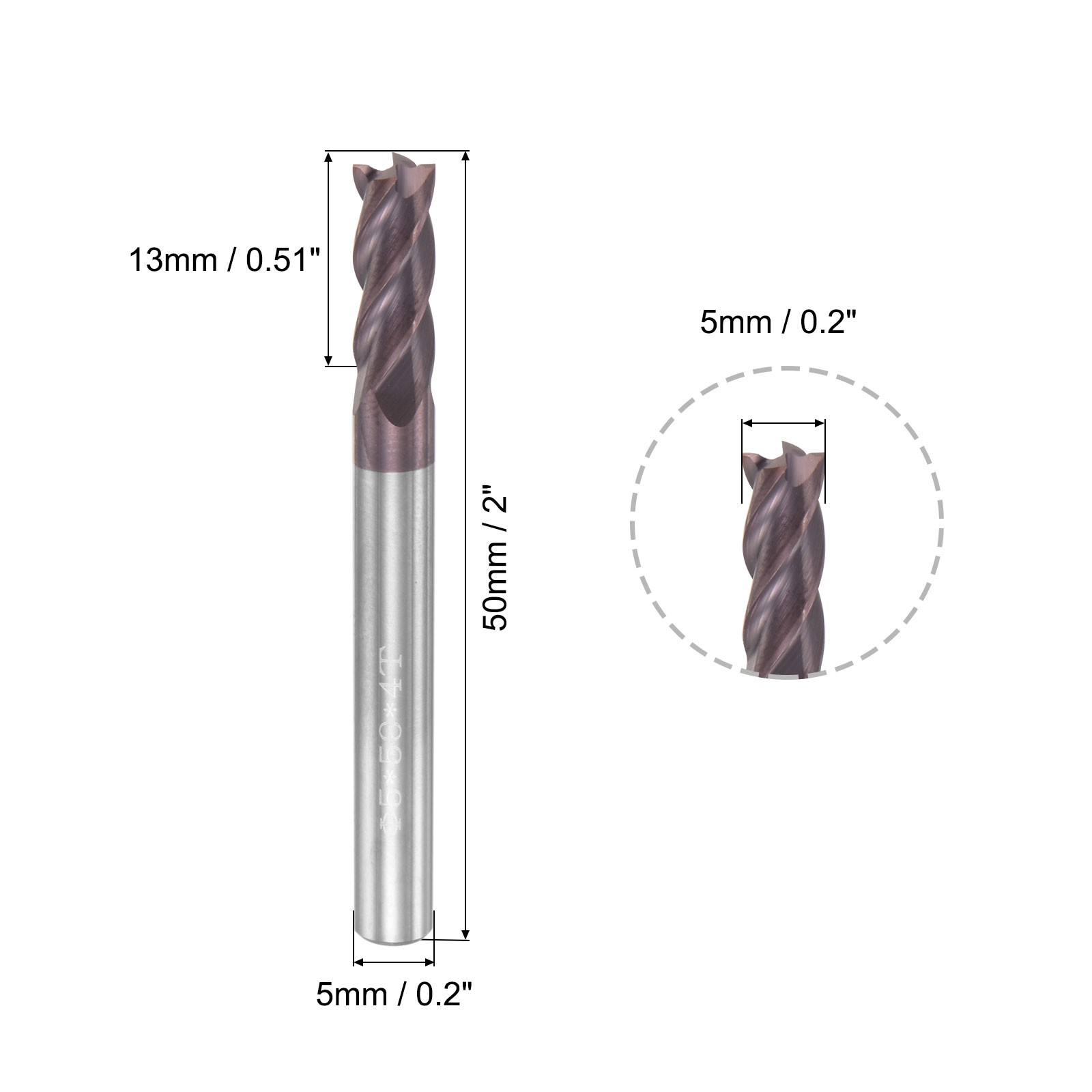 5mm Dia 5mm Shank 50mm HRC55 Carbide AlTiN Coated 4 Flute Square End Mill New