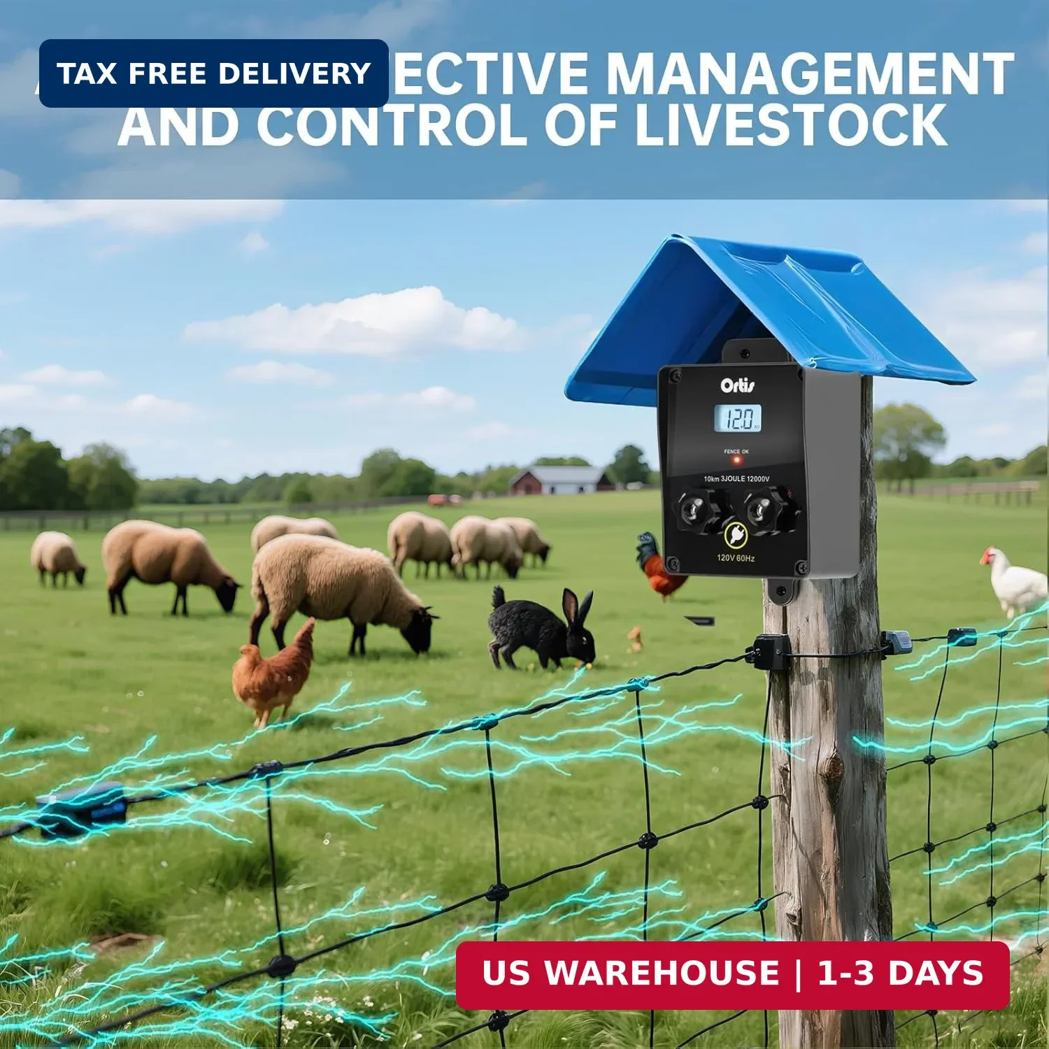 Electric Fence Energizer with LCD Display, Ortis 12,000V 3 Joules Electric Fence