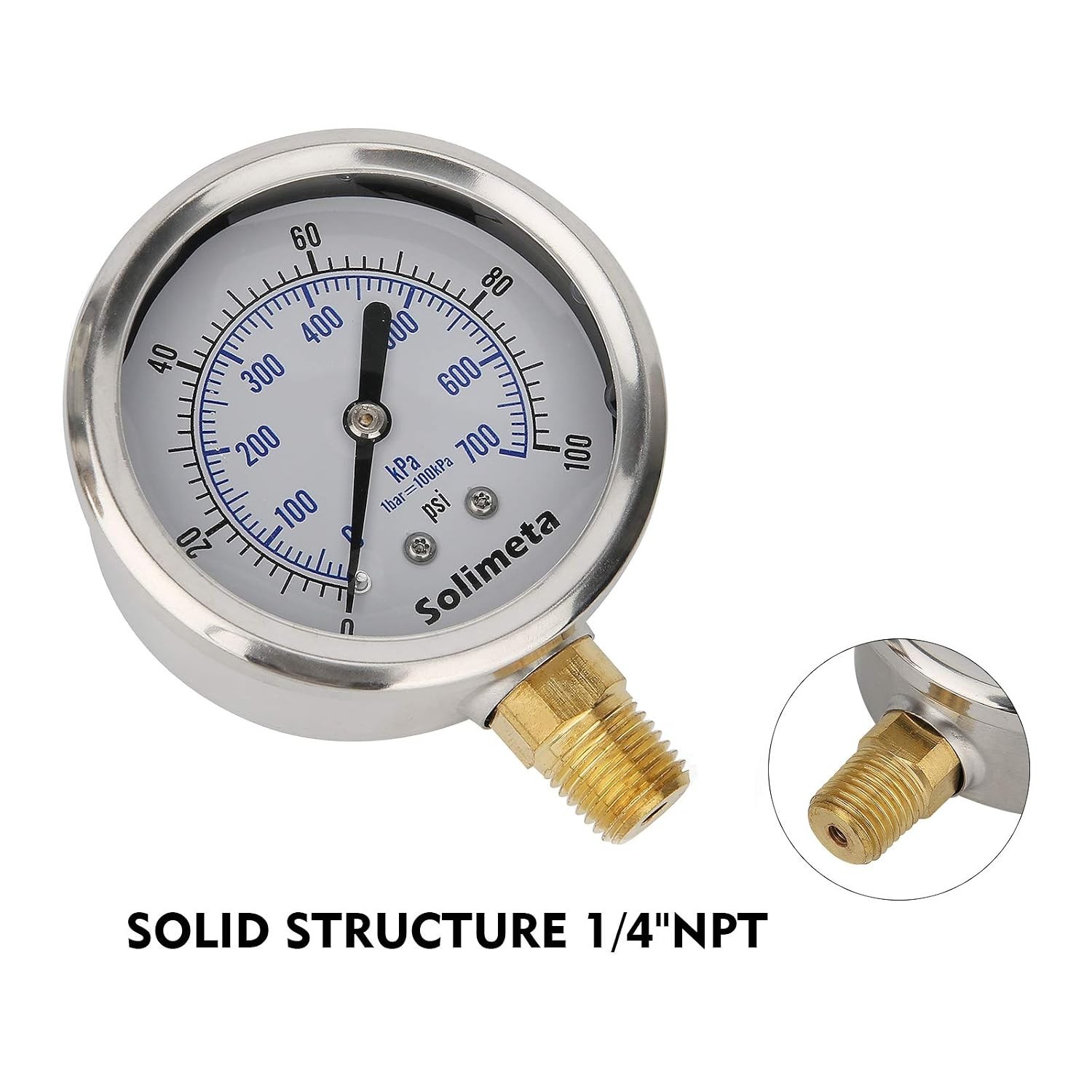 0-100 PSI Water Gas Pressure Gauge, 2-1/2’’ Dial, 304 Stainless Steel, 1/4’’ NPT