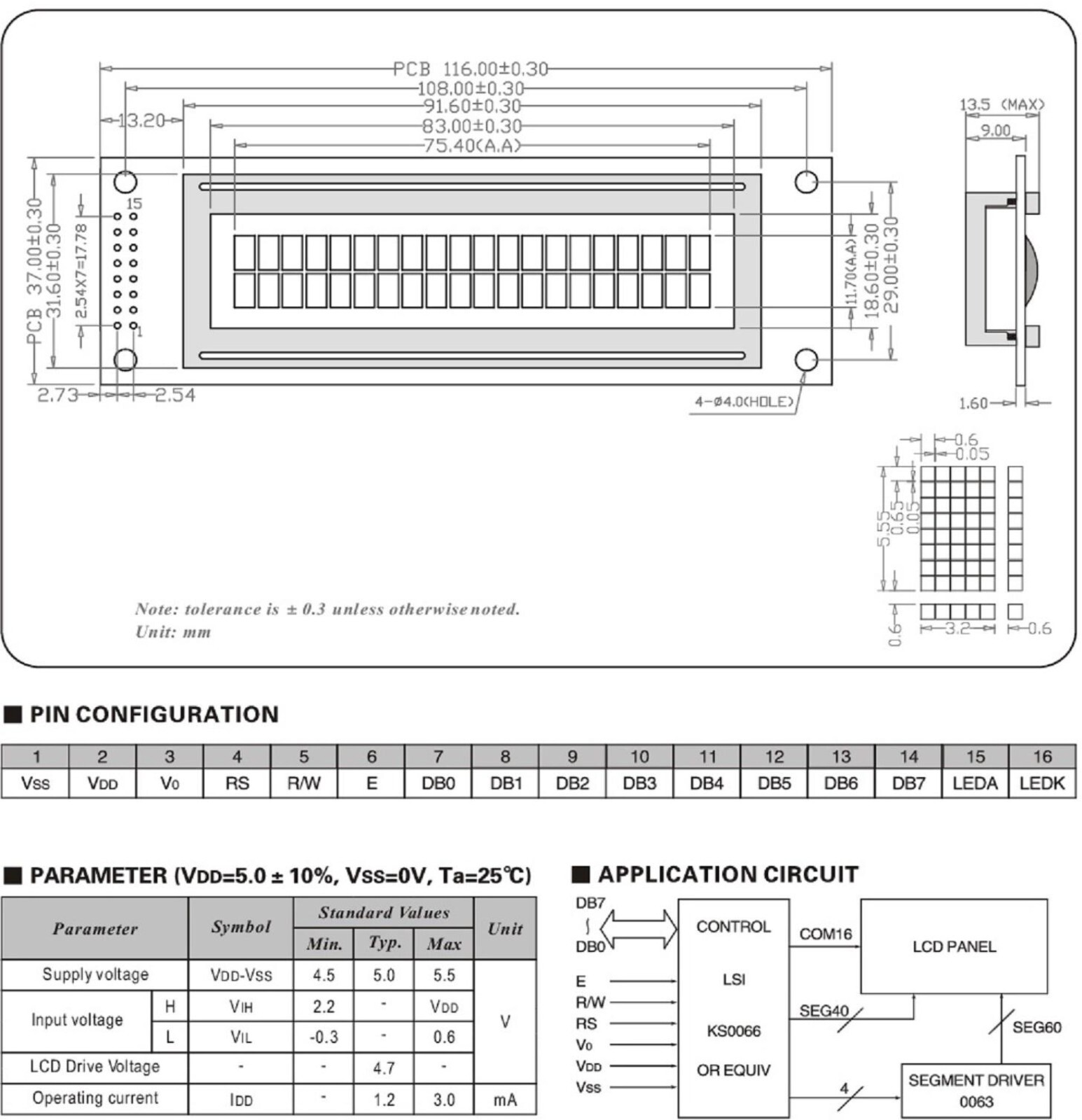 20×2 Dot Matrix Backlit LCD Module with Driver & Controller, 146 x 43 x 9.5mm