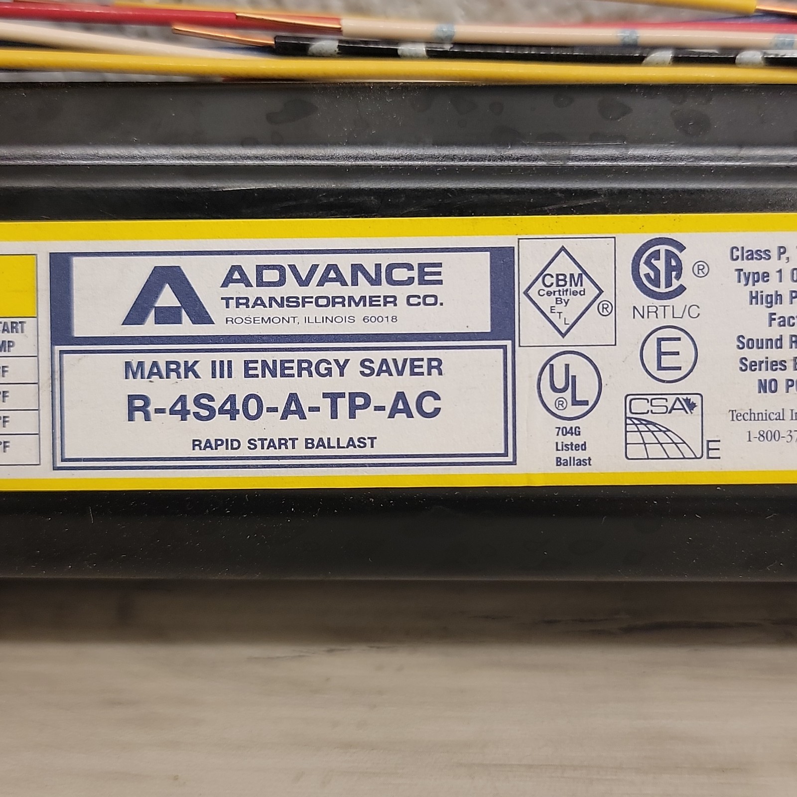 Advance R-4S40-A-TP-AC R4S40ATPAC Type HL Class P Rapid Start Ballast 120V 60HZ