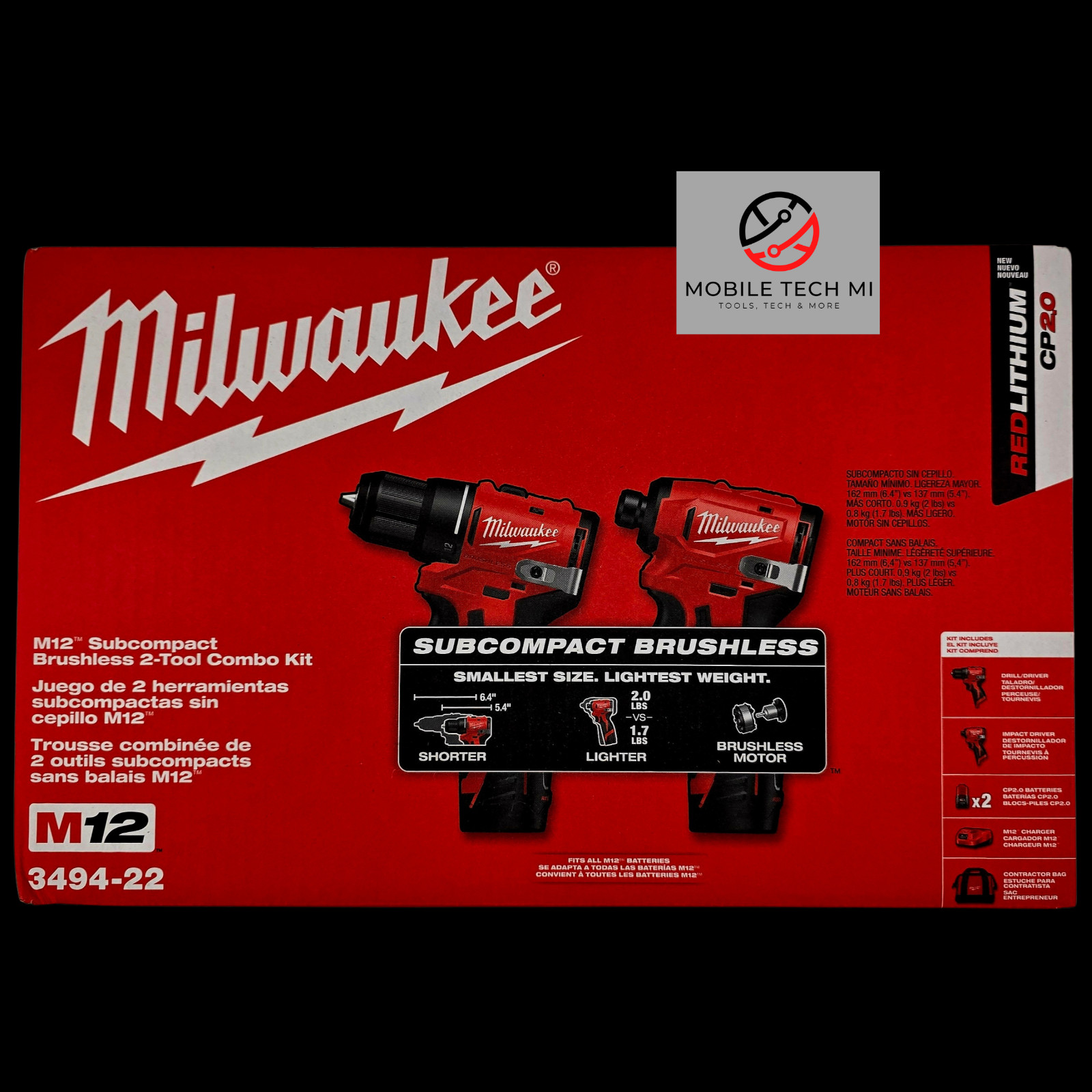 Milwaukee M12 12V 3494-22 Subcompact 2-Tool Combo Kit Brushless Impact & Drill