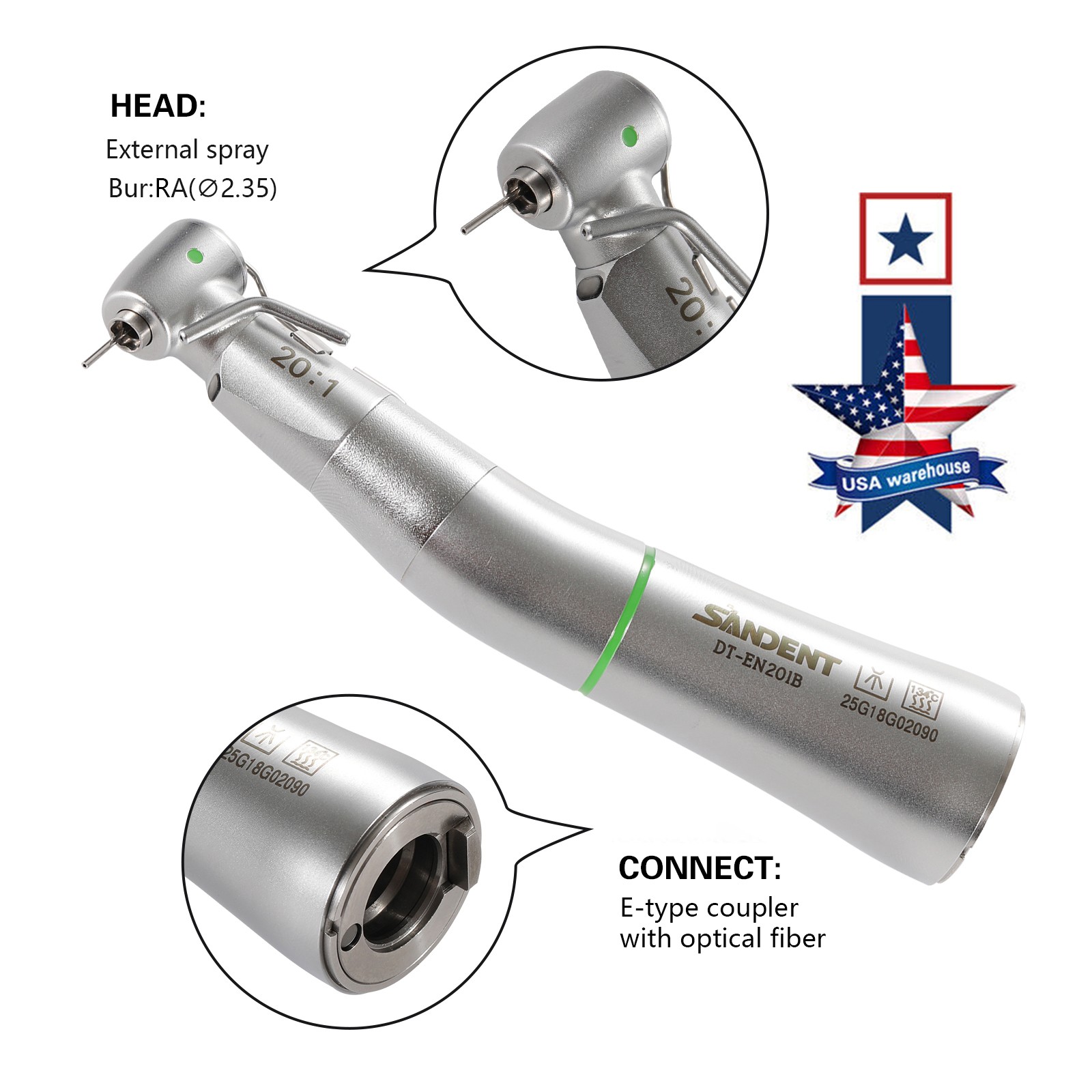 LED SANDENT 20:1 Contra Angle Fiber Optic Electric Handpiece External Spray
