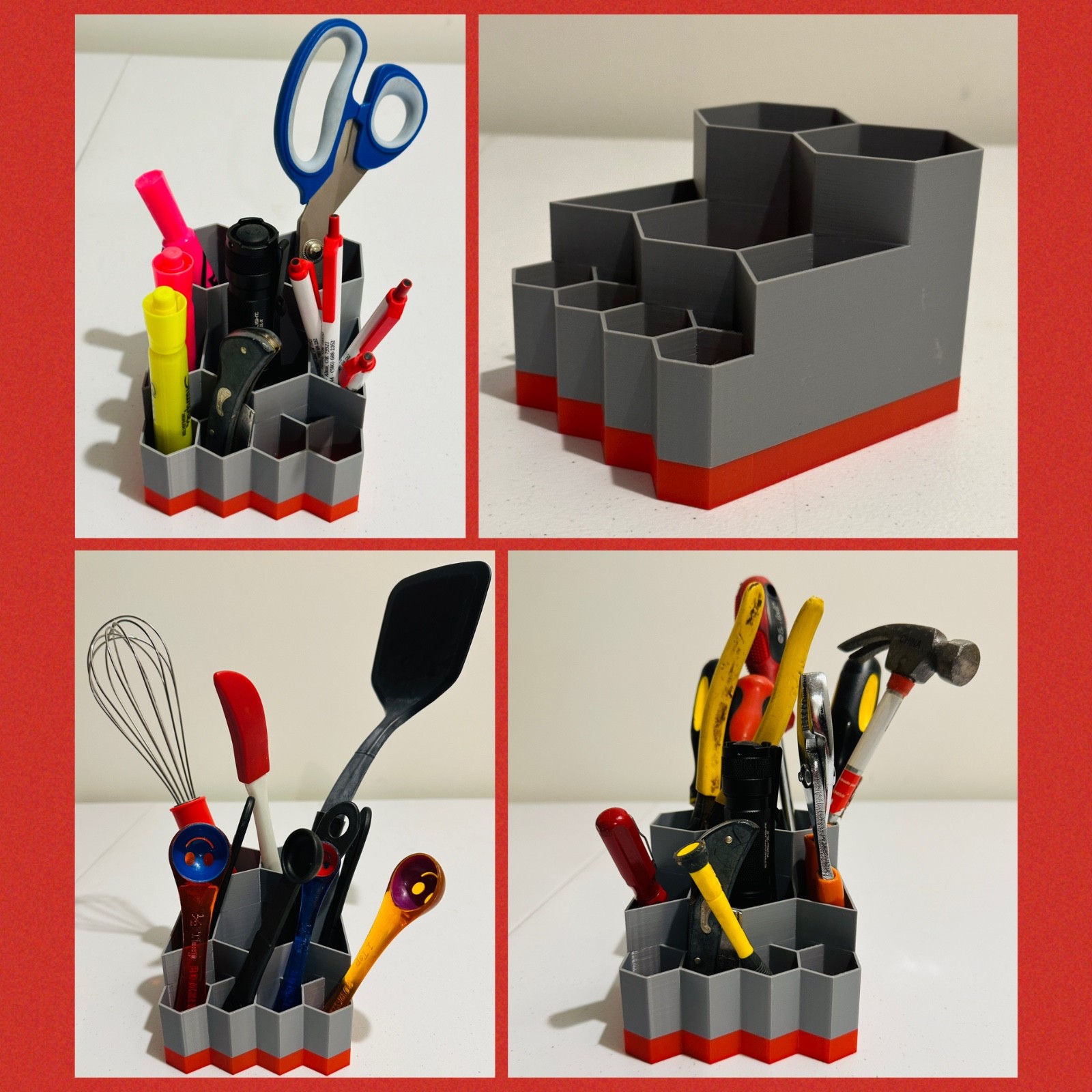 Two Tone Geometric Organizer for Office, Workshop, Kitchen, Sewing Room-Gray/Red