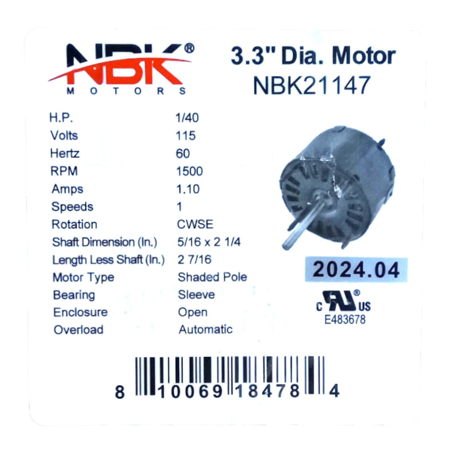 Fan Motor 3.3″ Dia.1/40 HP 1500 RPM 115 Volts CW Rotation Replaces Fasco D126