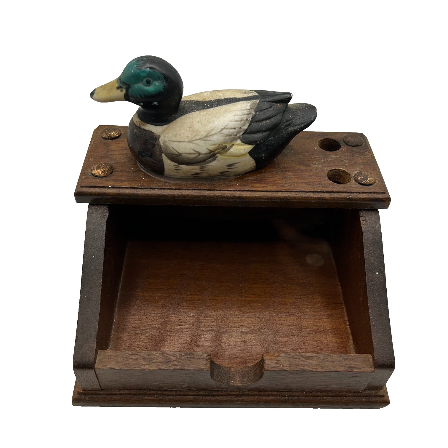 Vintage Giftco Wooden Mallard Duck Desk Organizer Pen Note Memo Holder Rustic