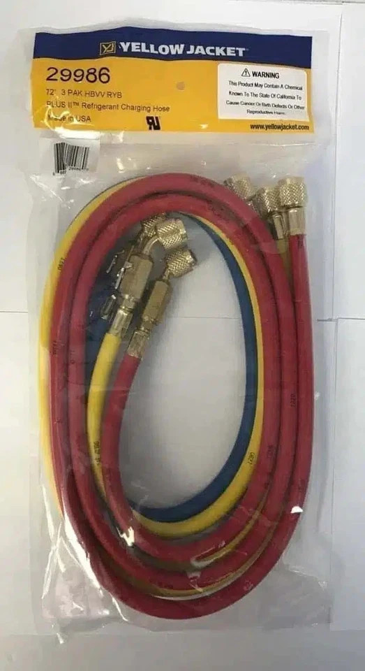 Yellow Jacket Plus II 29986 – 72″ Ball Valve Hoses, 1/4″, Set of 3 – New in Pack