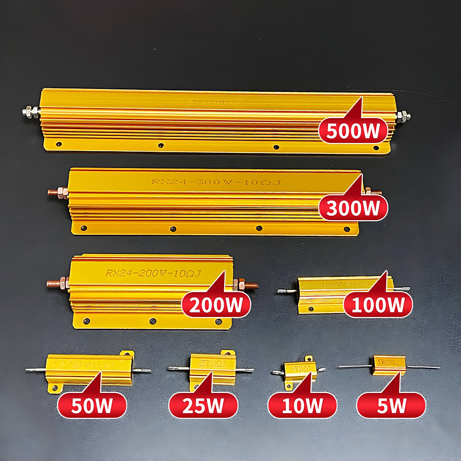 5W/10W/25W/50W/100W/200W-500W Golden Aluminium Metal Resistor Wirewound 0.1-10KΩ