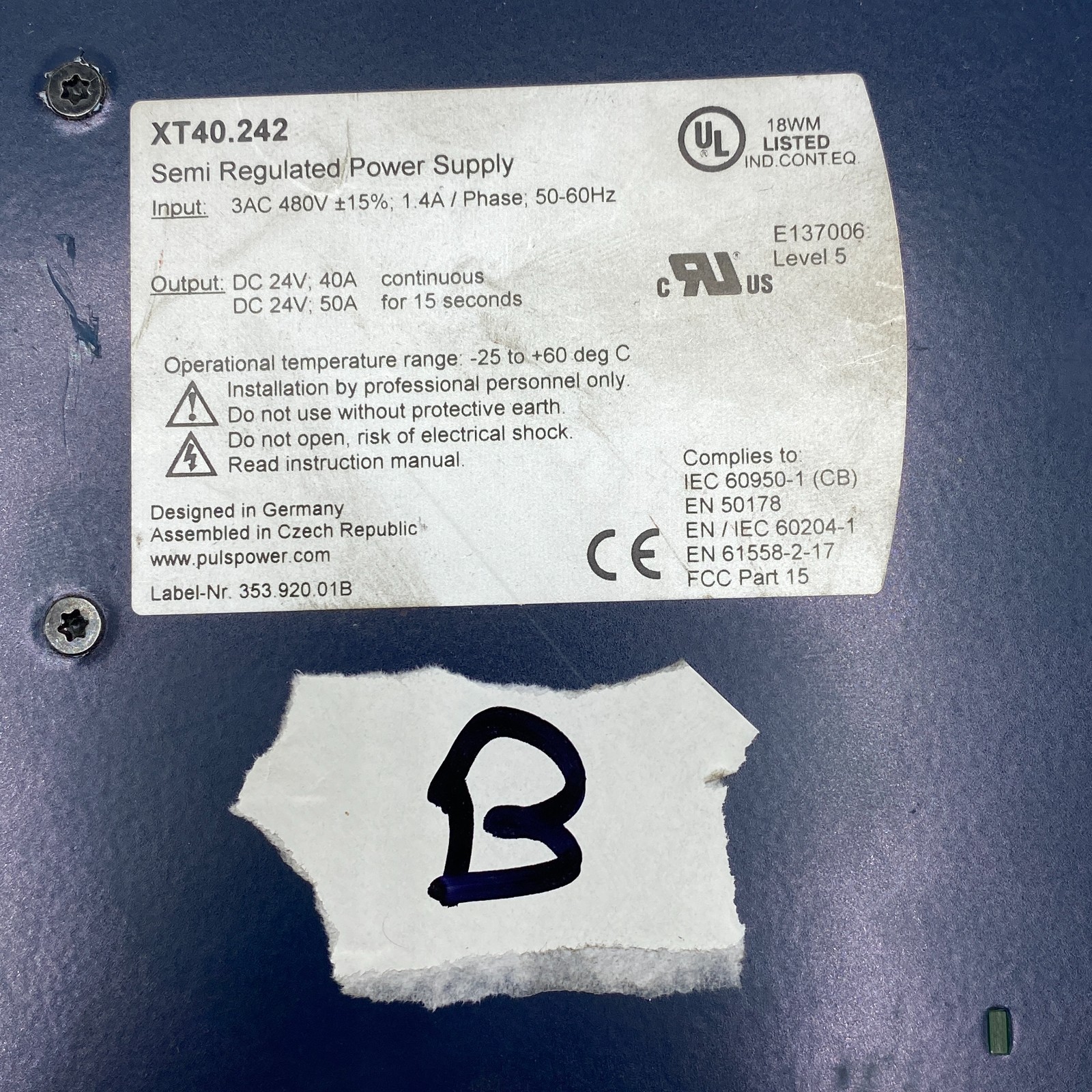 PULS DIMENSION XT40.242 SEMI REGULATED POWER SUPPLY XTD40 3AC 480V, 24VDC 40A