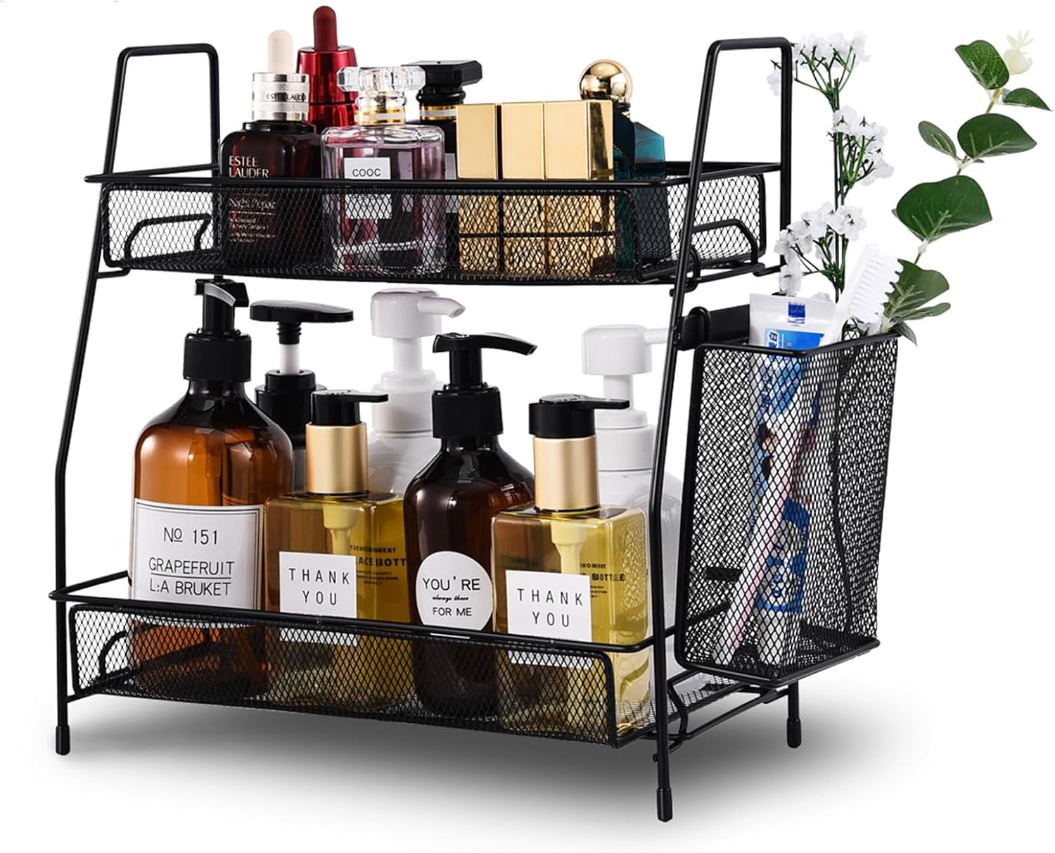Two-tier countertop organizer with small storage basket