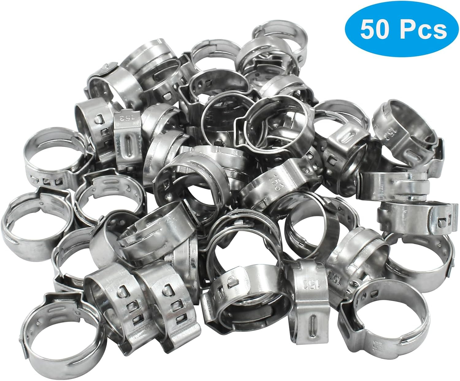 50 Pcs Single Ear Hose Clamp 12.8Mm-15.3Mm, Stainless Steel Crimp Rings