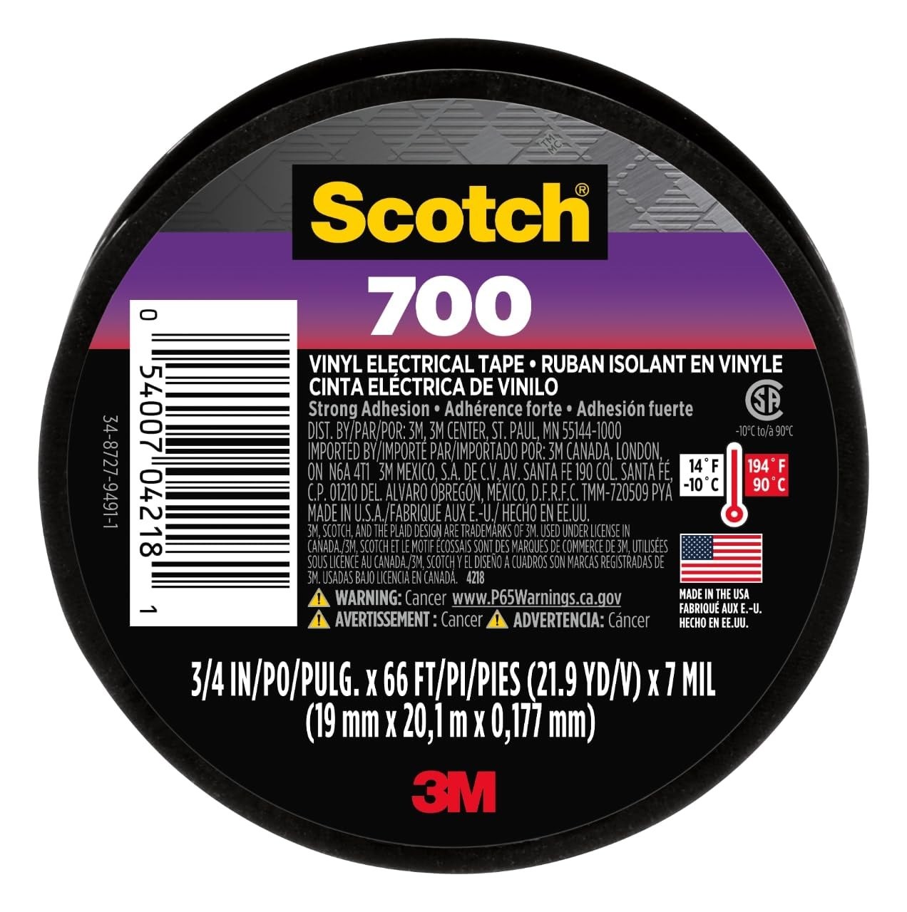 Scotch Vinyl 700 Electrical Tape, 1 Roll, Black, 3/4-in x 66-ft,