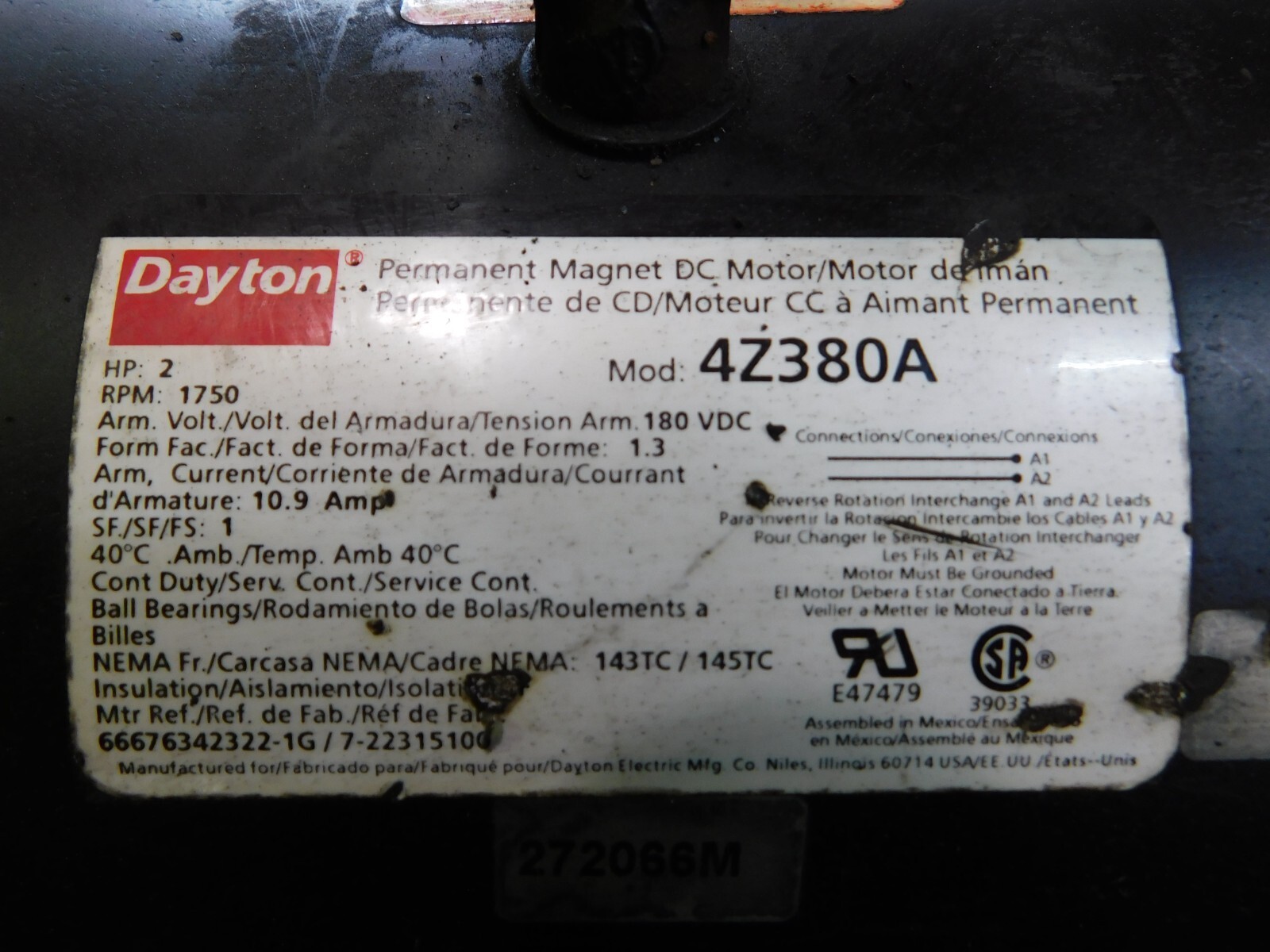 Dayton DC Permanent Magnet Motor W/ Speed Control, 2 HP, 1750 RPM, 4Z380A