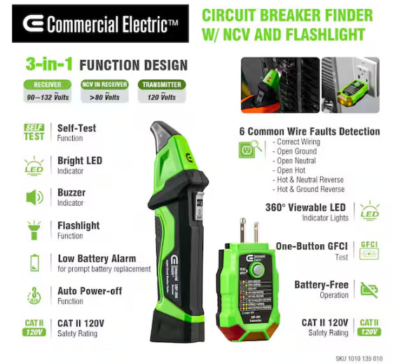 Commercial Electric Digital Circuit Breaker Finder with GFCI Outlet Tester