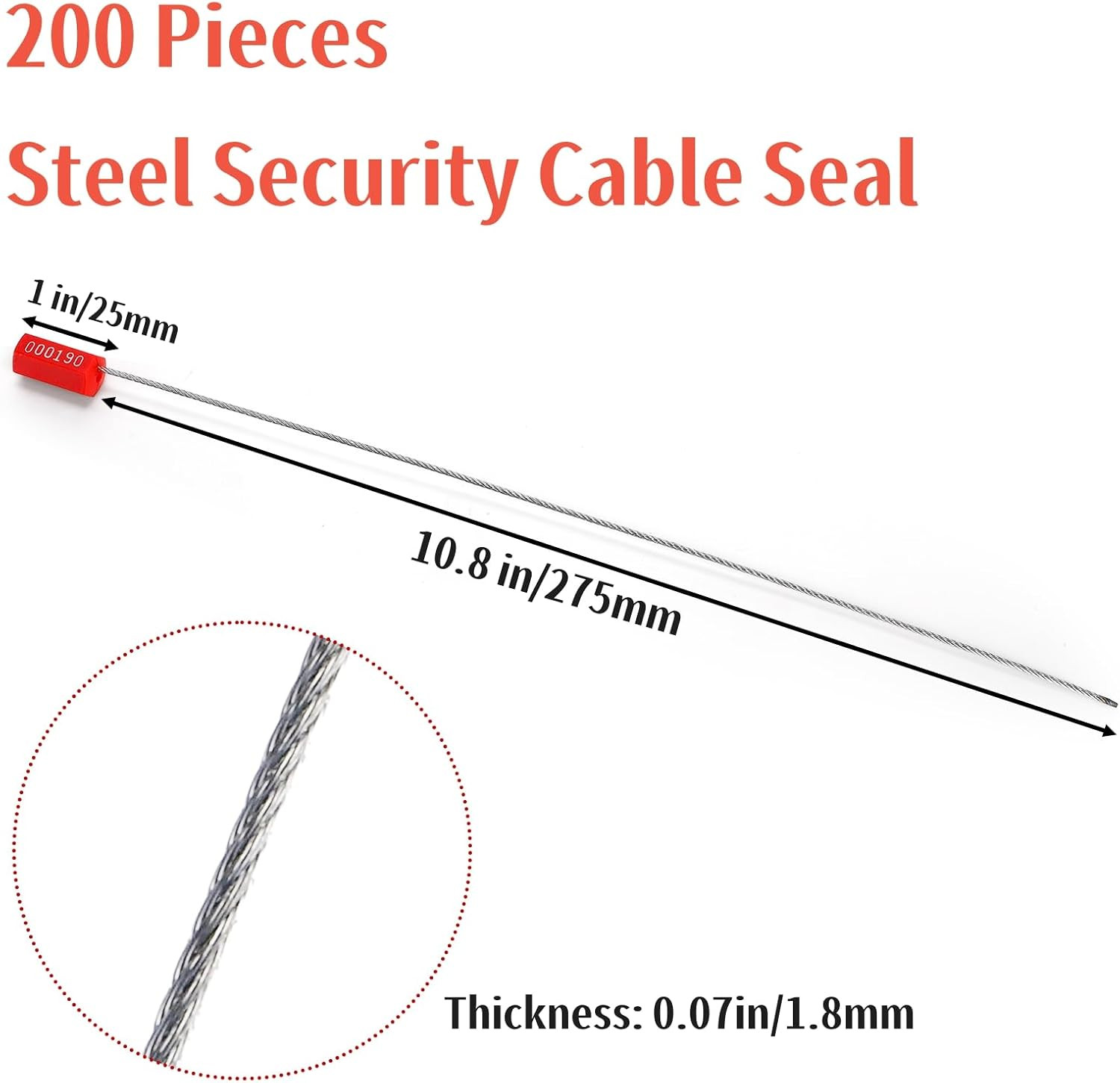 200 Pcs Steel Security Cable Seal, 11.8 Inch Numbered Security Tags Tamper-Proof
