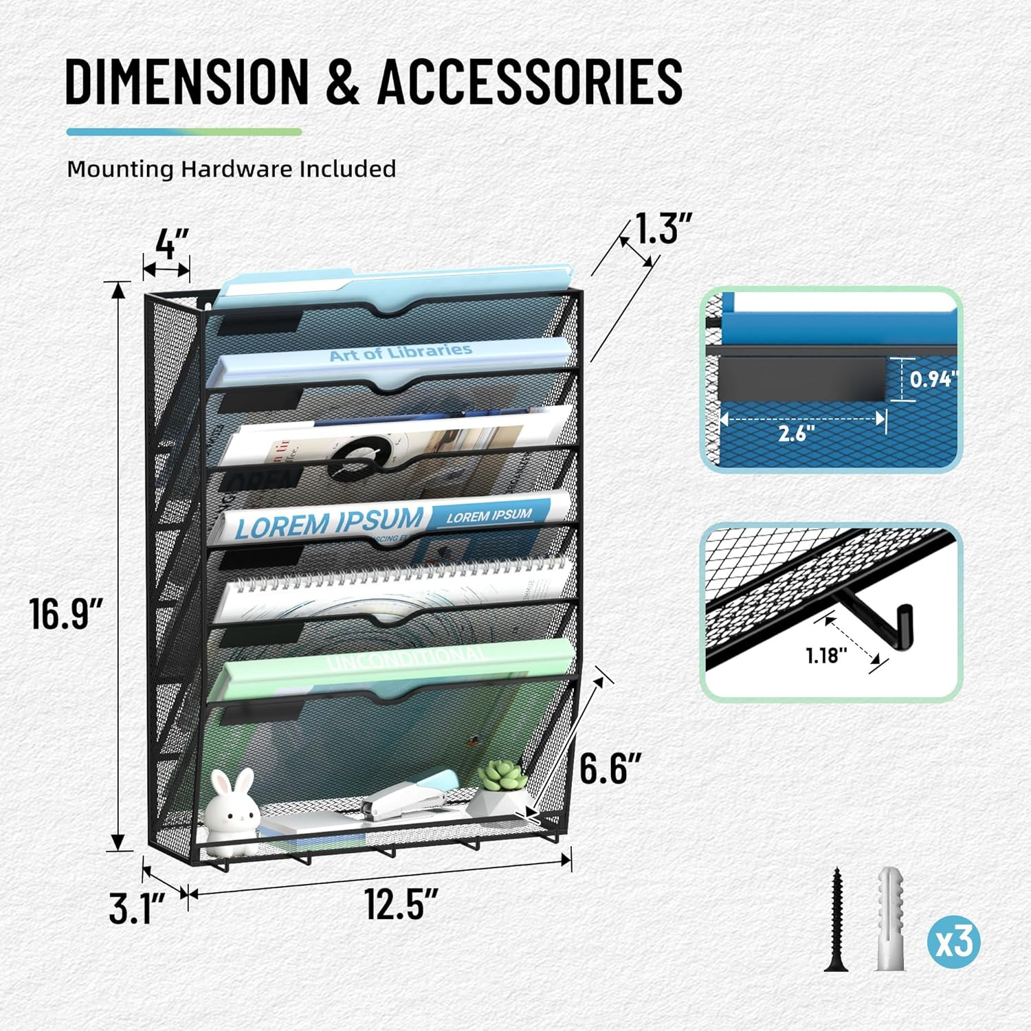 Wall File Organizer, 7 Tier Hanging File Organizer with 5 Hooks, Wall Mounted Ma