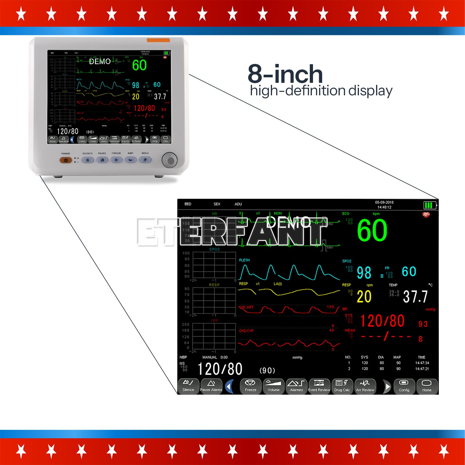 8/12/15» Multi-parameter Patient Monitor Vital Sign ECG NIBP RESP TEMP SPO2 PR