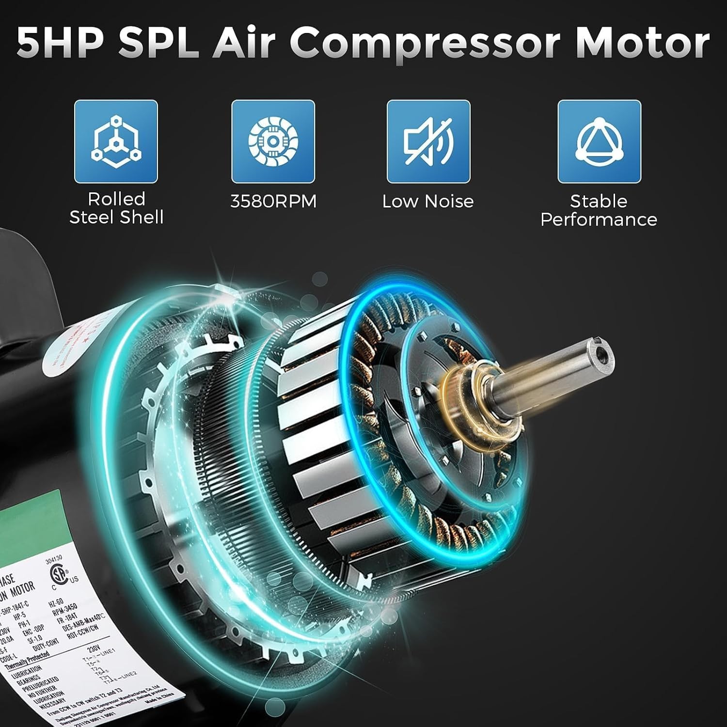 5HP SPL Air Compressor Motor 230V 3450RPM 56 Frame Motor CW/CCW Rotation