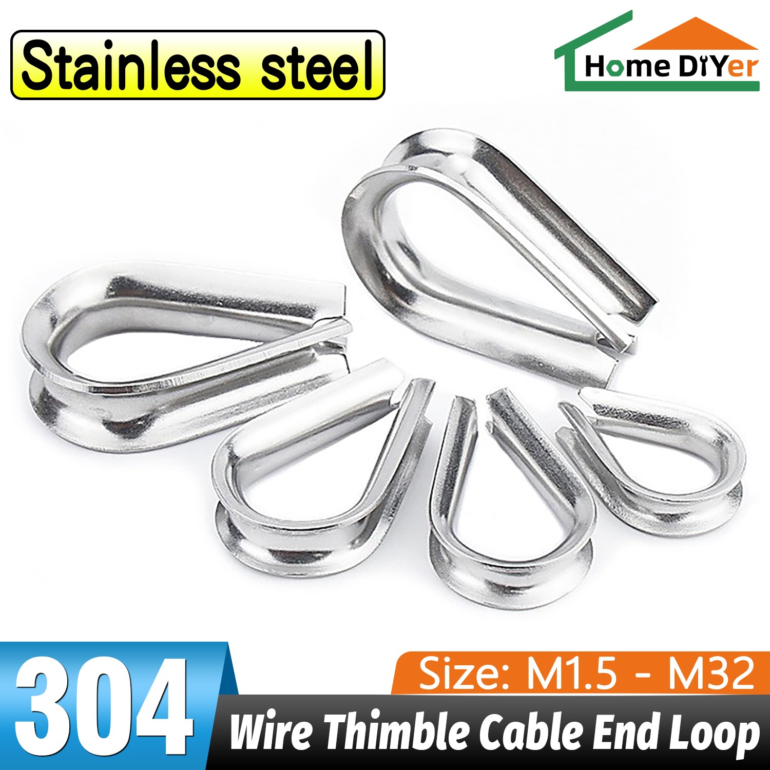 304 Stainless Steel Wire Thimble Cable End Loop Rigging For M1.5-M32 Rope