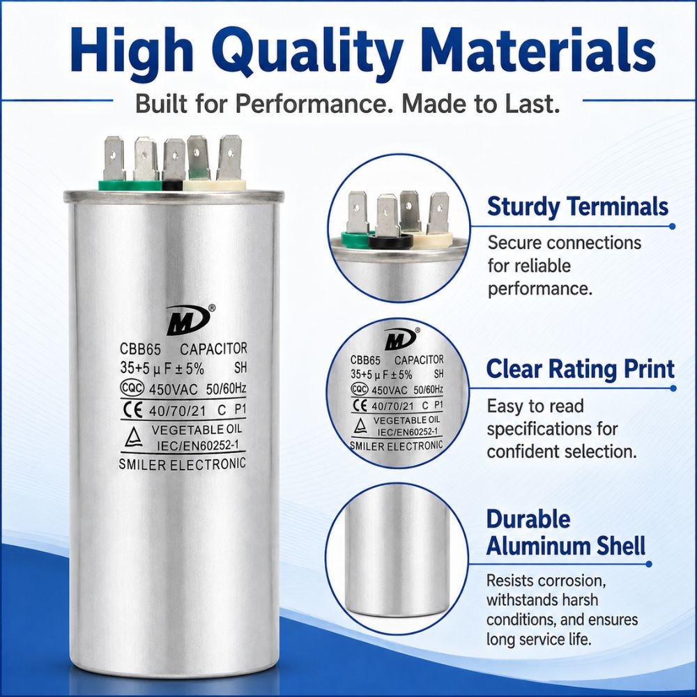 Air Conditioner 35/5uf, Round Dual Run Capacitor — 35+5 MFD, 450VAC NEW