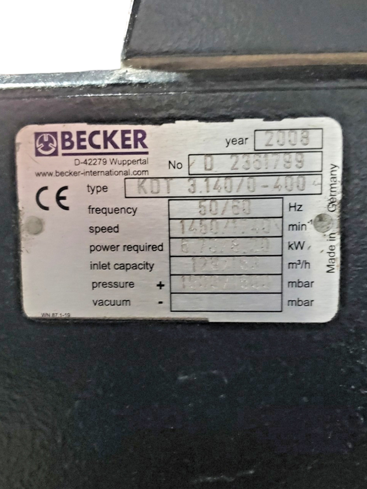 Becker KDT 3.140/0-400 VARIAIR Rotary Vane Compressor Oil Free 6.70/8.20kW