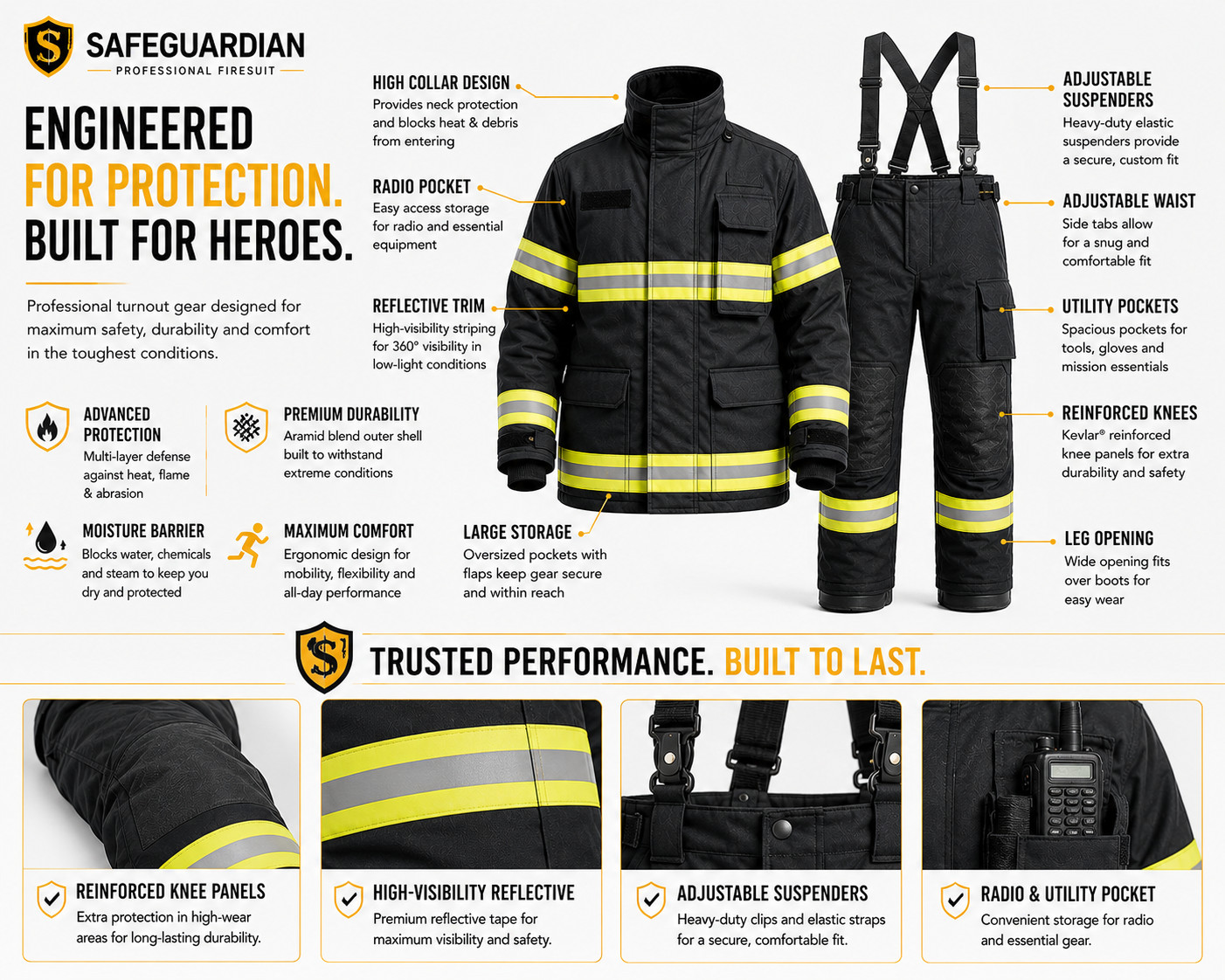 DYOB Firefighter Suit Fire Suit Turnout Gear Jacket/Pants w/ Overall straps NFPA