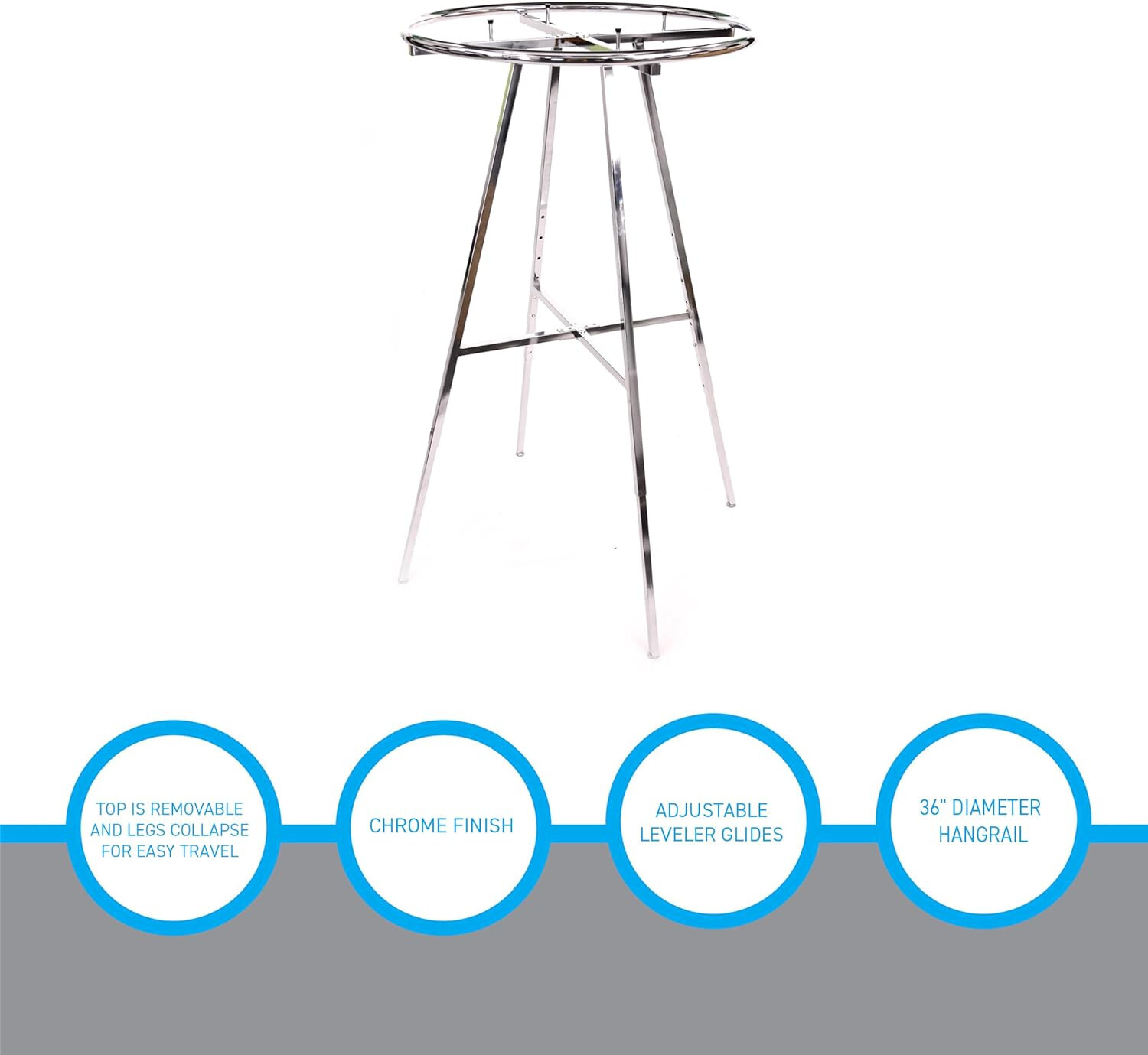 Chrome 36″ Round Clothing Rack Height 48 – 72″ H Leveler Glides Garment