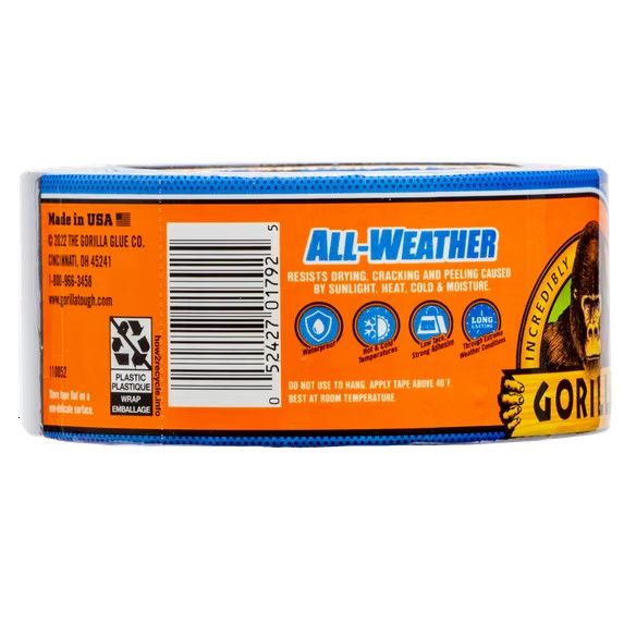 Gorilla All weather Permanent Black Tape 1.88 In X 10 yd # 114459, New Sealed