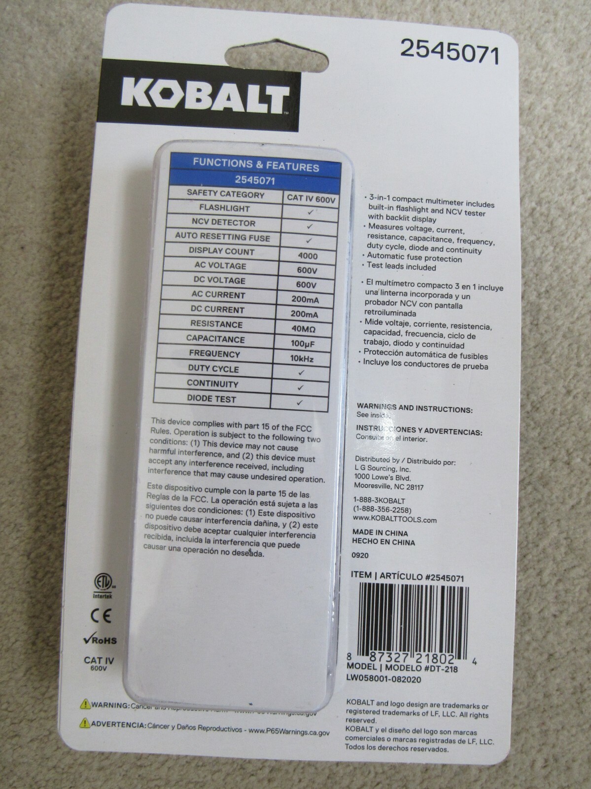 Kobalt 2545071 Compact Multimeter Cat IV 600V NCV Tester Flashlight