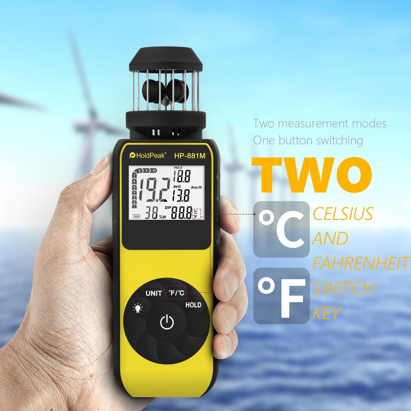 Cup Anemometer, Wind Speed/Temp, 5 Units Backlight Data Hold Max/Avg, Air Flow