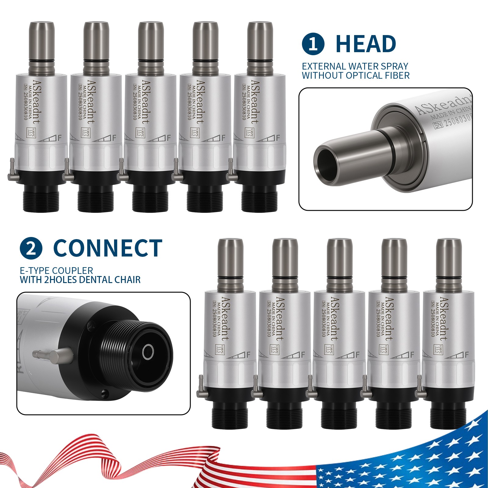 1-10 ASkeadnt Dental Slow Speed Motor Air Motor 2 Hole Micromotor External Spray