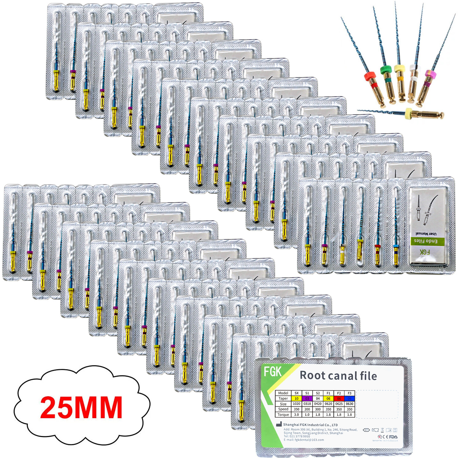 21/25MM Dental Endo Rotary Files Blue Taper NITI Endodontic Root Files 6pcs/pack