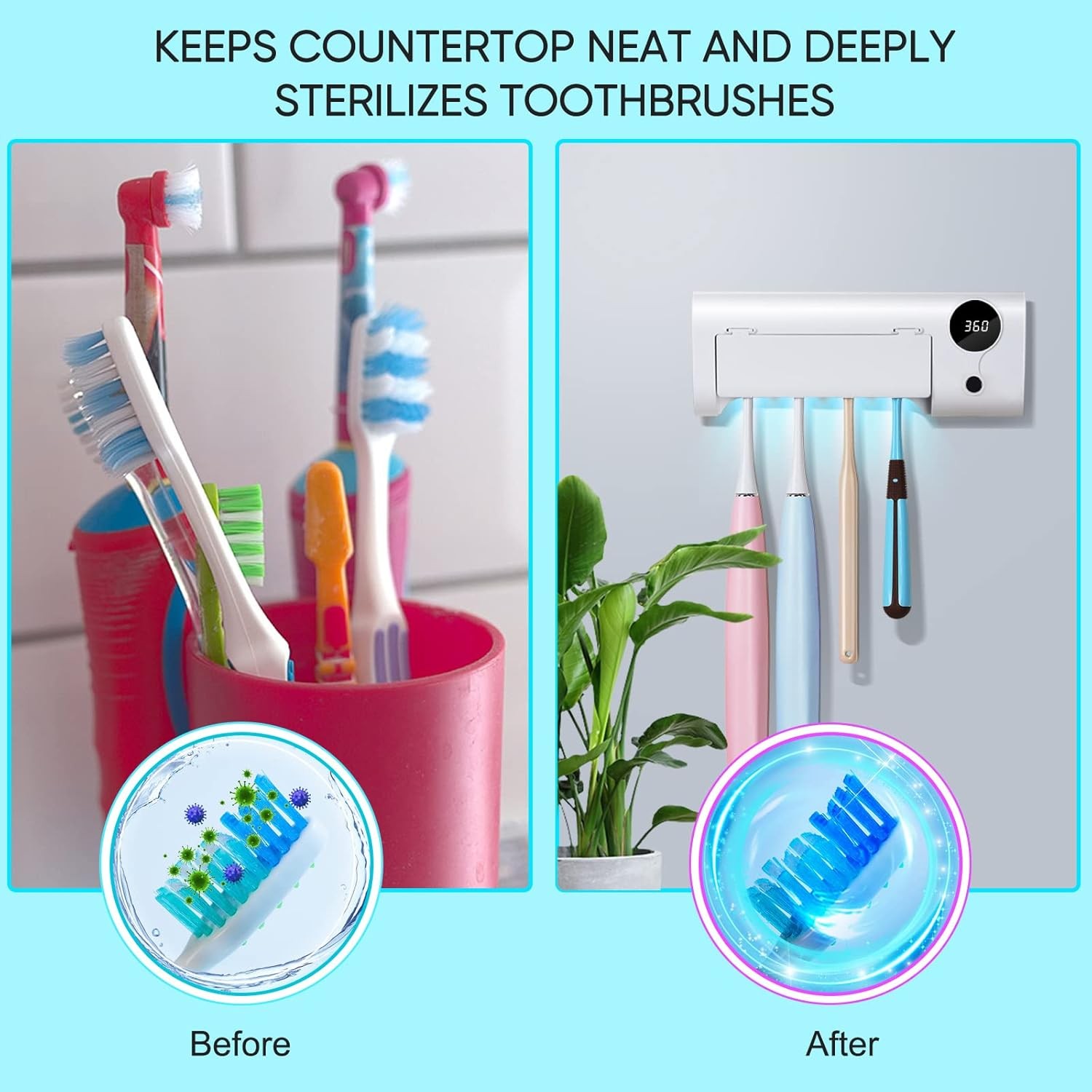 4 Slot Rechargeable Toothbrush Holder Wall Mount No Drilling with Timer