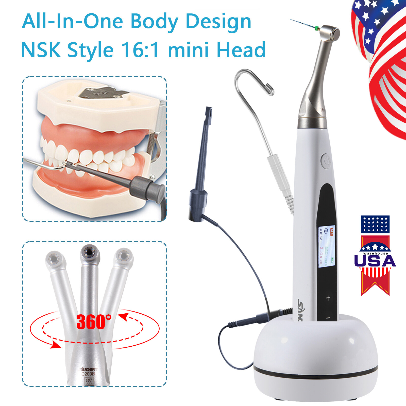Wireless 16:1 Mini Dental Endo motor with Apex Locator Root Canal Treatment USA