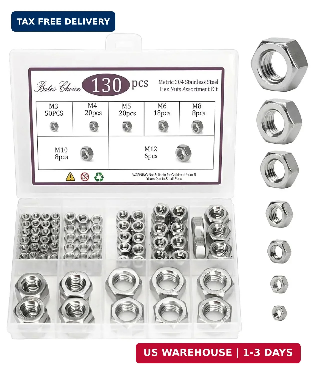 Bates- Metric Hex Nuts Assortment Kit, 7 Sizes, 130 pcs, Stainless Steel, M3 M4
