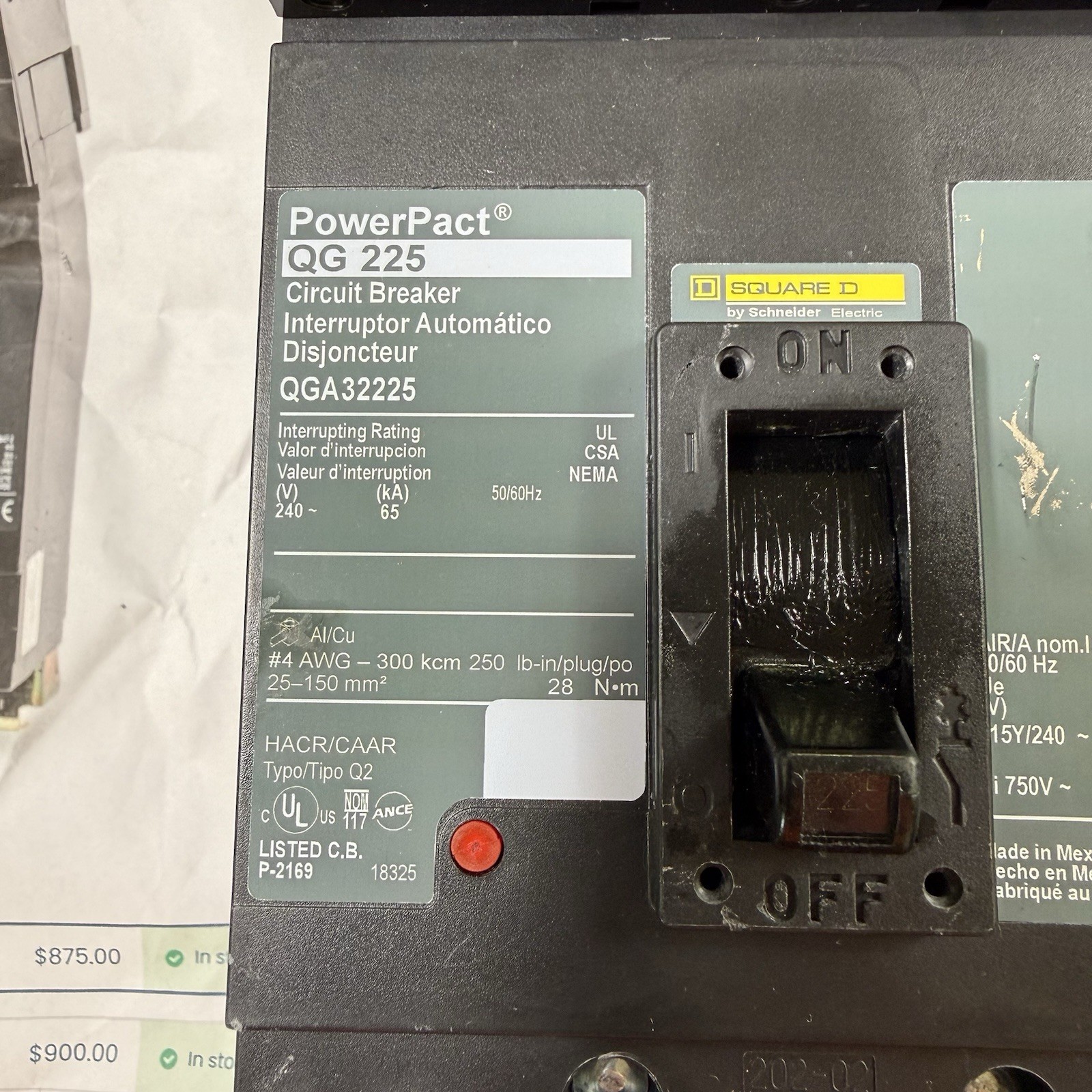 NEW Square D PowerPact 225 Amp Plug In Circuit Breaker 240 VAC 3 Pole QGA32225