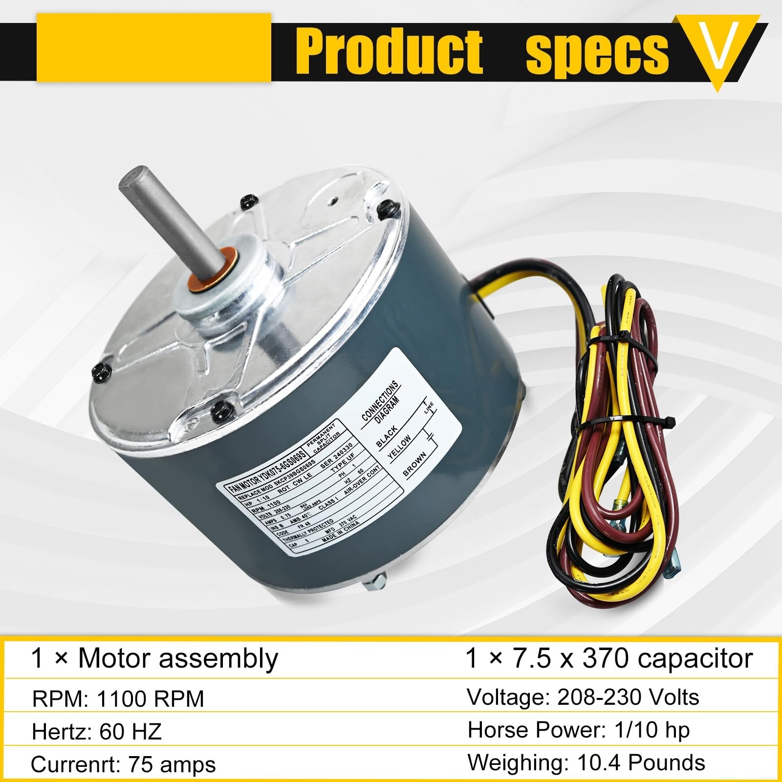 Condenser Fan Motor Replacement 1/10HP 0.75A 1100RPM 208-230V + Capacitor