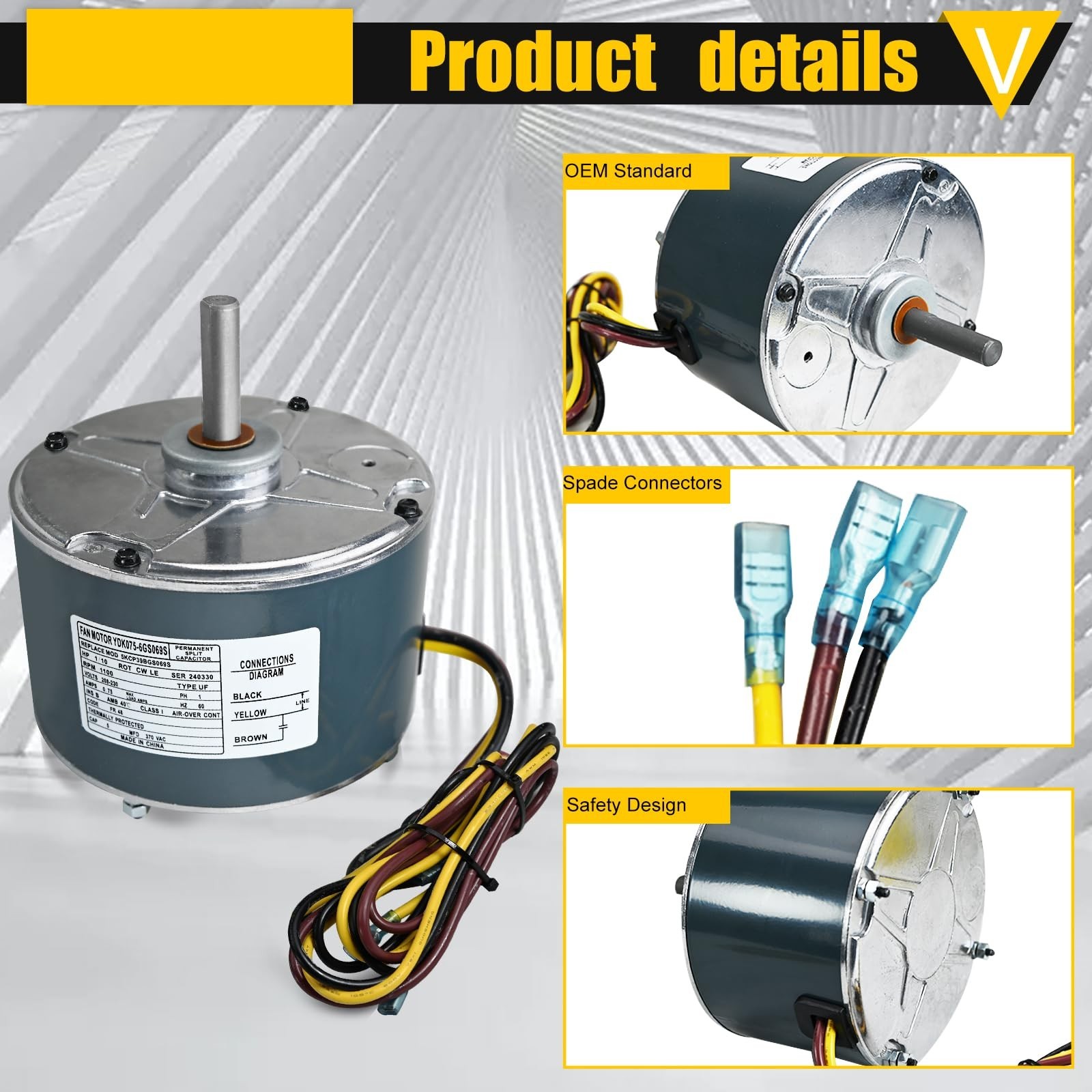 Condenser Fan Motor Replacement 1/10HP 0.75A 1100RPM 208-230V + Capacitor