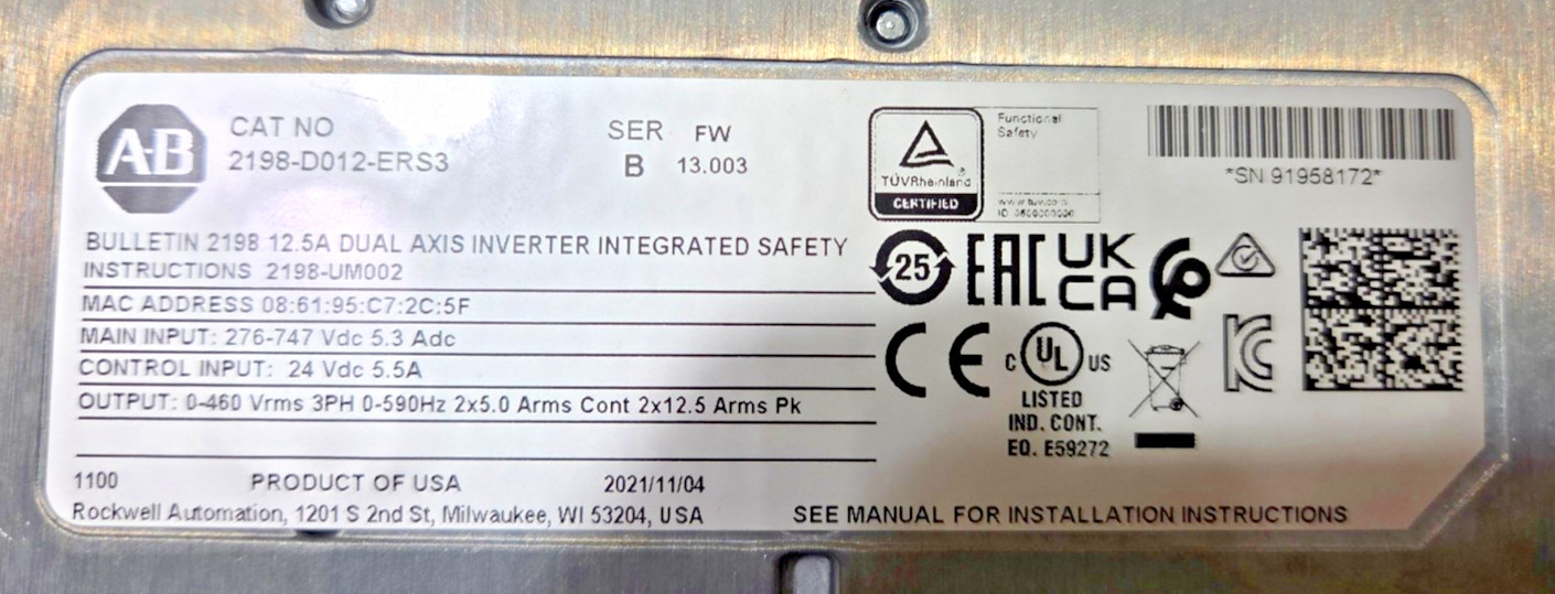 Allen-Bradley 2198-D012-ERS3 Kinetix 5700 Dual Axis Inverter Advanced Safety