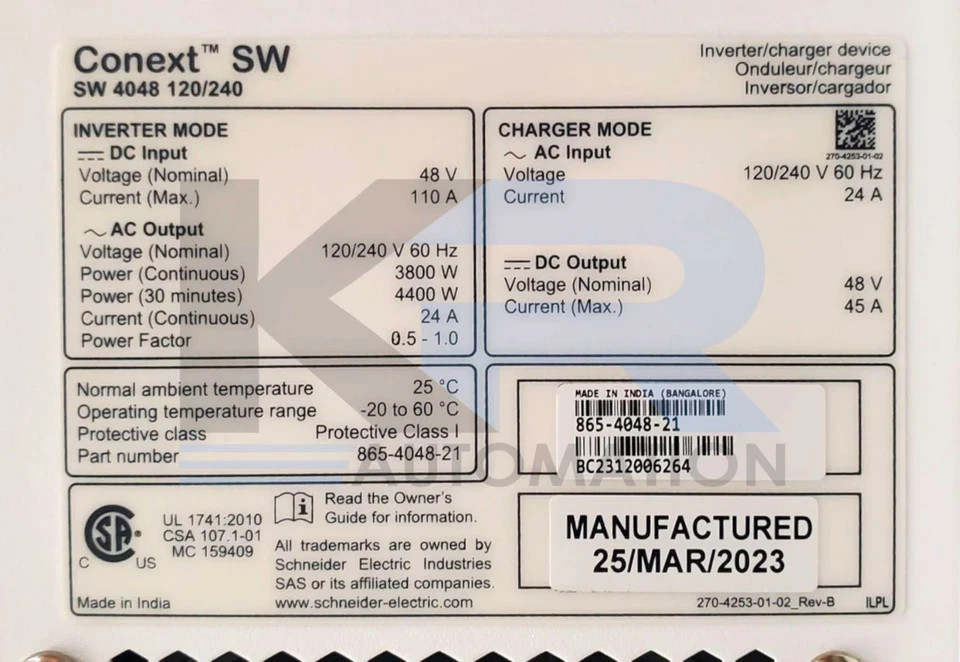 NEW Schneider Electric 865-4048-21 Conext SW Inverter Charger 48VDC 120/240VAC 2