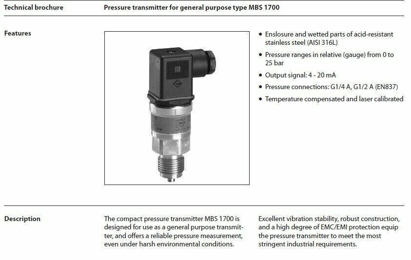 Pressure Transmitter Danfoss MBS1700 0..6Bar 4…20mA G 1/2 060G6105 + Socket