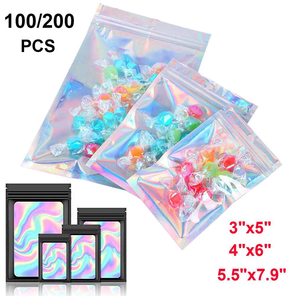 100/200 Holographic Mylar Foil Bags Smell Proof Resealable Zip Lock Pouch Black