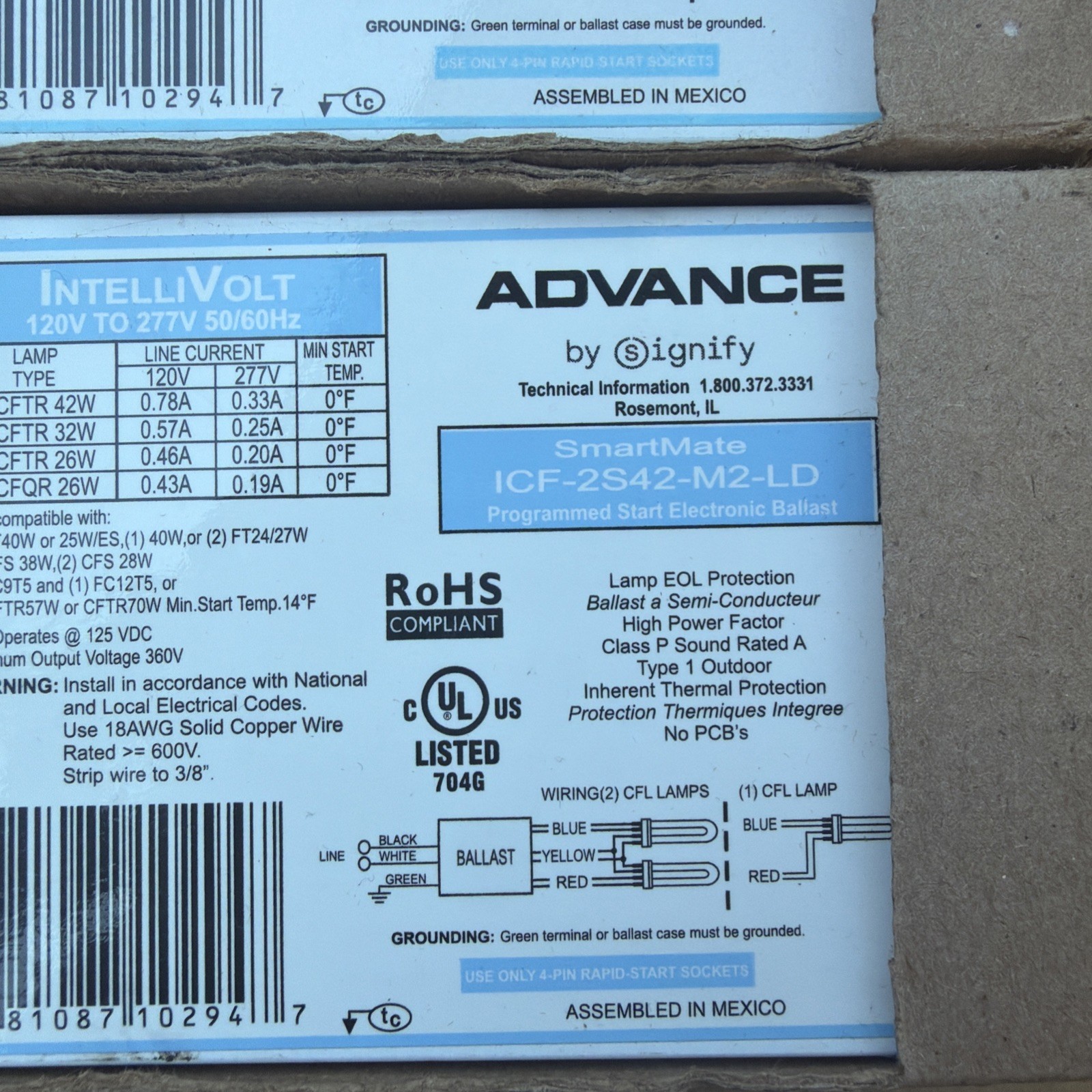Philips Advance SmartMate ICF-2S42-M2-LD IntelliVolt 120v-277v BALLAST 2pack
