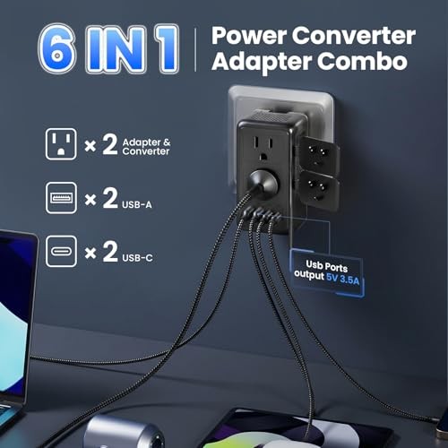 2000W Voltage Converter US to Europe with 2 USB A & 2 USB C, Travel Adapter