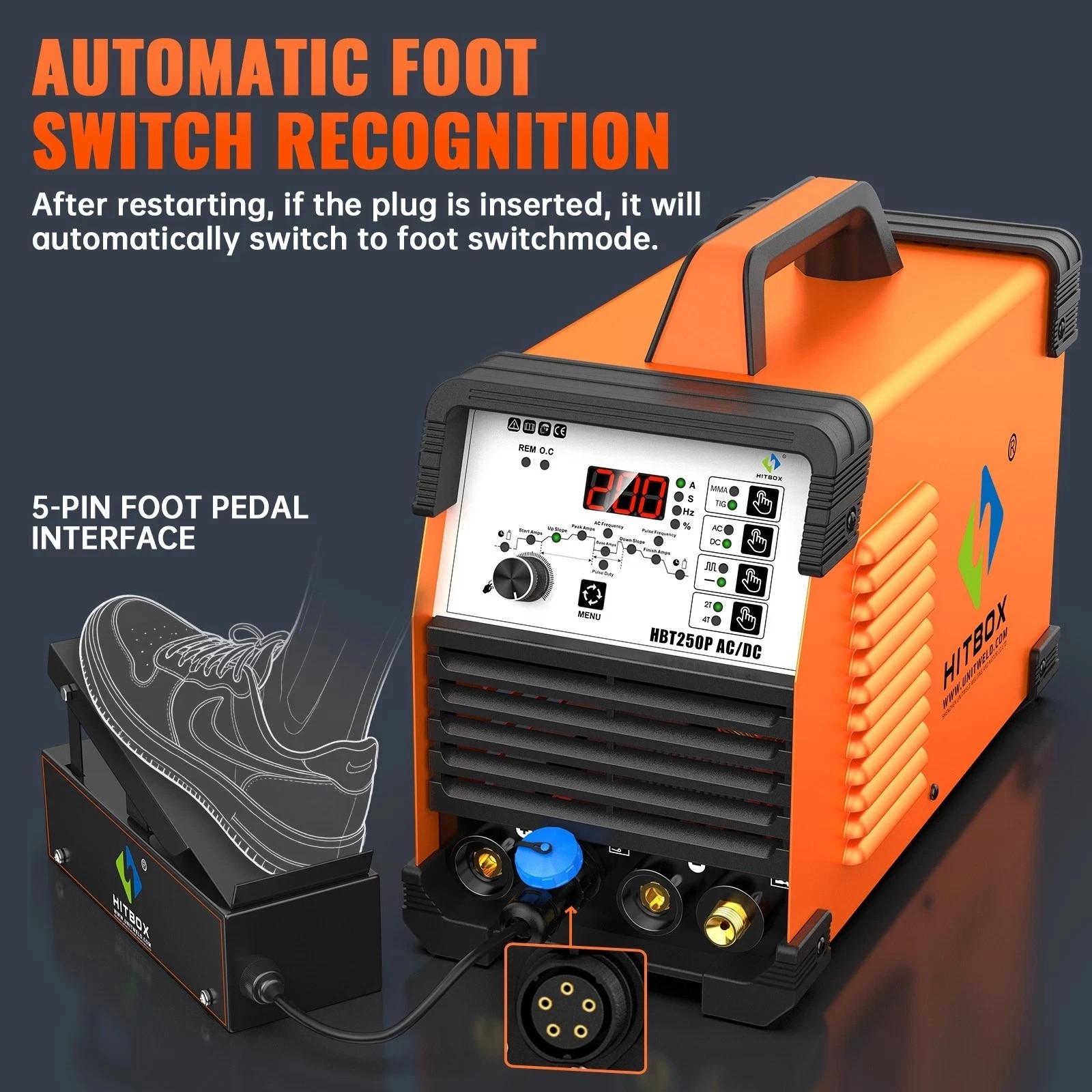 220V AC/DC HF Pulse TIG Welder Stick Welder 5in1 with 5-Pin10K Foot Pedal Switch