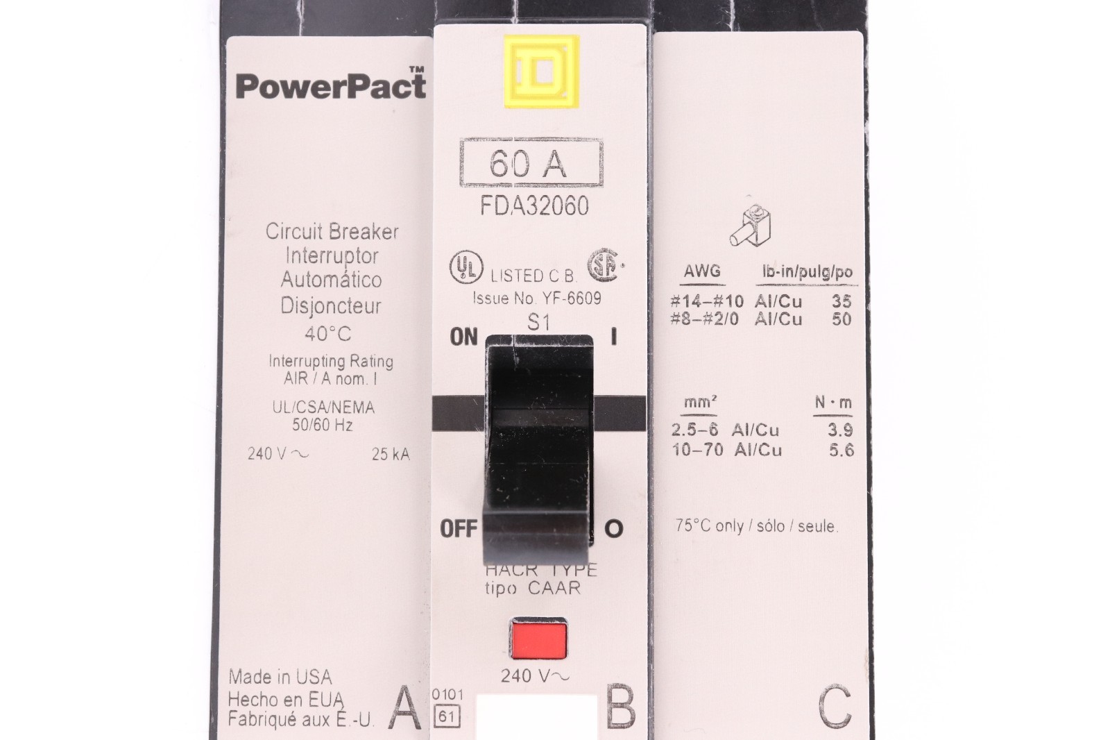 SQUARE D FDA32060 60A 3-POLE POWERPACT CIRCUIT BREAKER, 25KA@240V