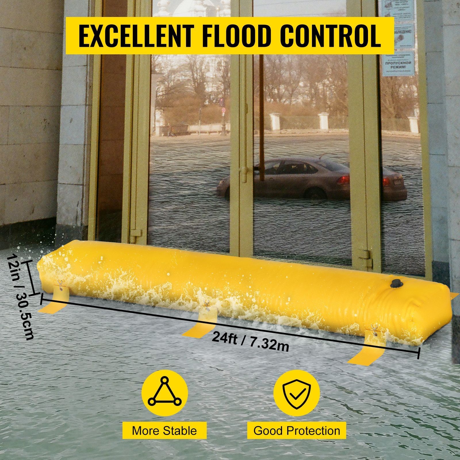 Reusable PVC Flood Barrier: 24’L x 20″W x 12″H, Lightweight & Stackable